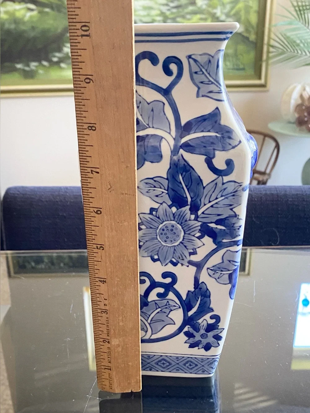 Chinoiserie Blue White Chinese Porcelain Vase Flowers Square Base Handles 10”